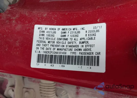 2017 Honda Accord Sport из США, поврежденный, VIN 1HGCR2F50HA191458